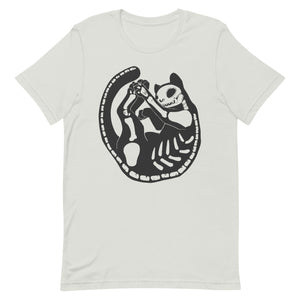 Black cat skeleton graphic T-shirt featuring playful skeleton design, perfect for men and women, soft and stretchy fabric.