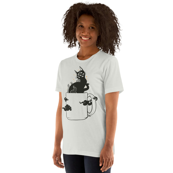 model wearing silver t-shirt with black cat