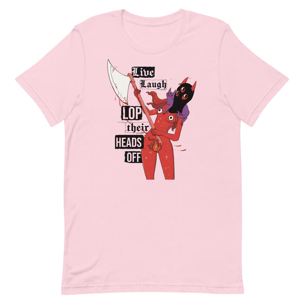 Live Laugh Lop, Unisex T-Shirt with Pyra illustration in pink, featuring punk rock ransom note style font.