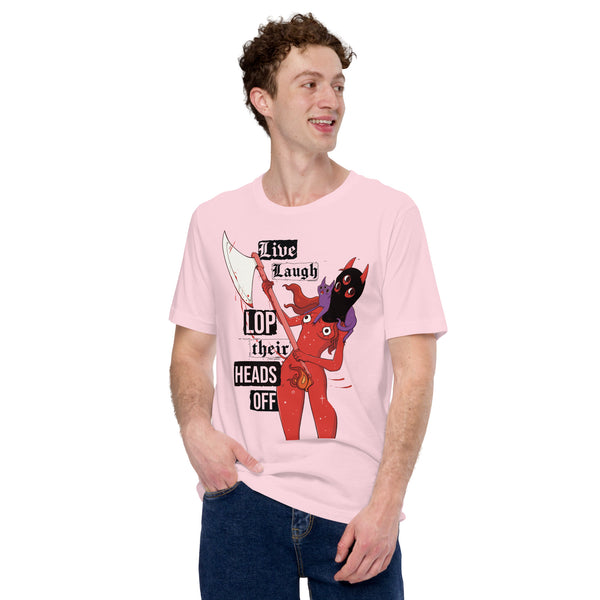 Man wearing a pink Live Laugh Lop, Unisex T-Shirt with original illustration and punk rock text design.