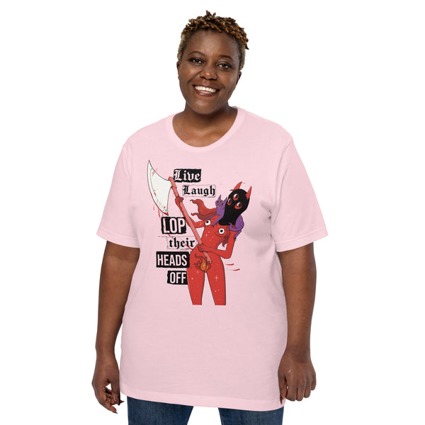 Live Laugh Lop, Unisex T-Shirt featuring original illustration of Pyra with punk rock text design.