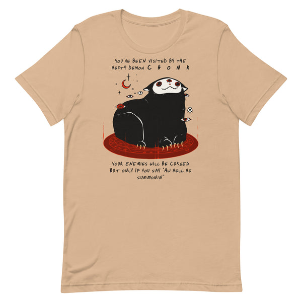 Chonk Cat Demon, Unisex T-Shirt featuring a cute black cat demon illustration with meme text.