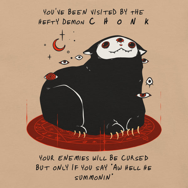 Chonk Cat Demon, Unisex T-Shirt featuring a cute black cat demon with meme text and artistic design.