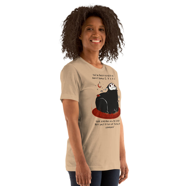 Chonk Cat Demon, Unisex T-Shirt featuring cute black cat demon illustration and meme text.