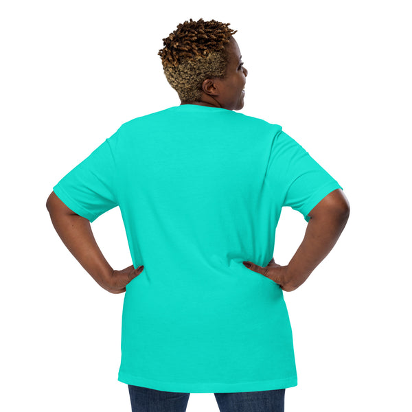 Back view of a woman wearing a turquoise unisex t-shirt made from 100% cotton, showcasing comfort and style.