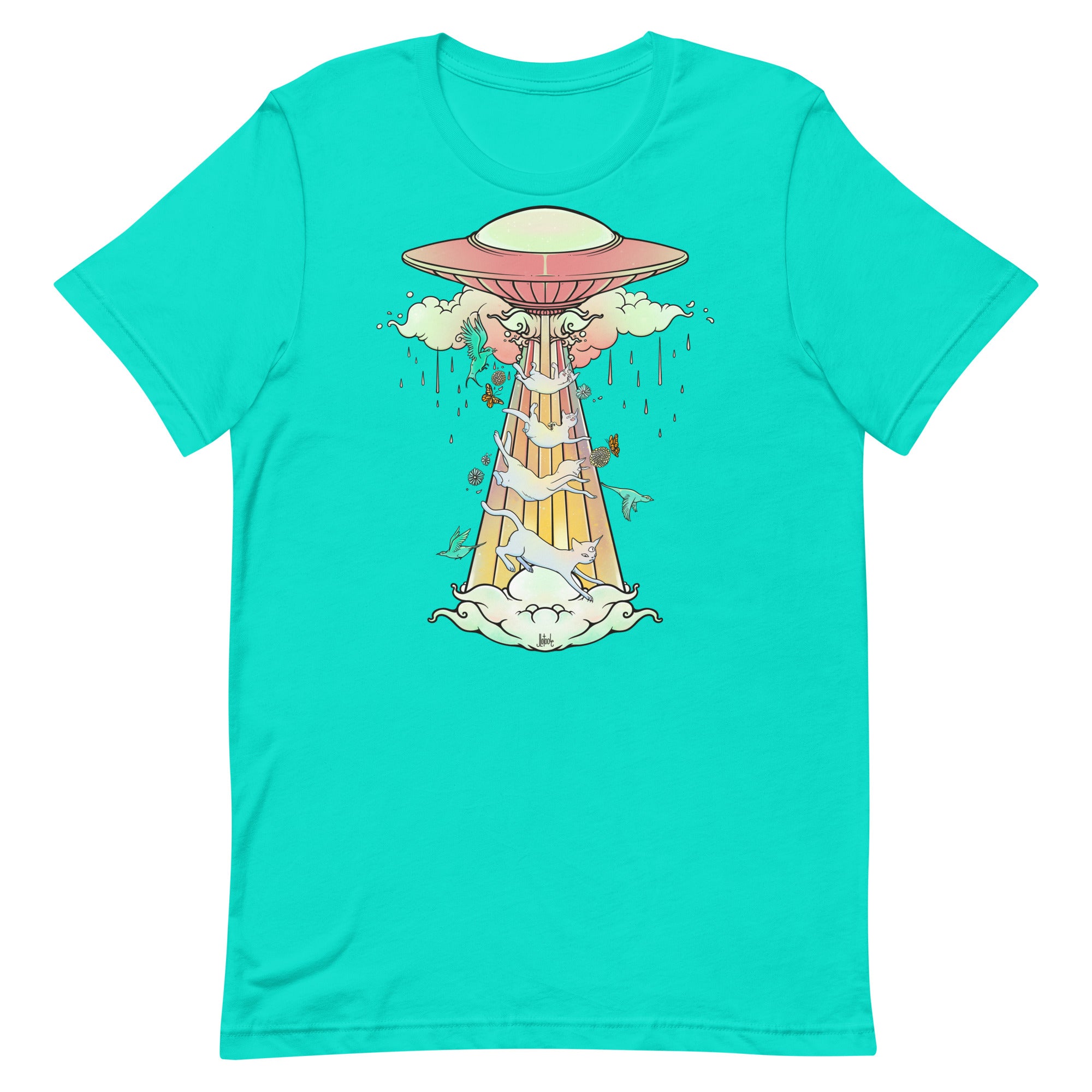 T-shirt featuring original UFO artwork beaming up cats, eco-friendly, unisex, lightweight, and comfortable.