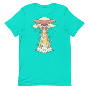 T-shirt featuring original UFO artwork beaming up cats, eco-friendly, unisex, lightweight, and comfortable.