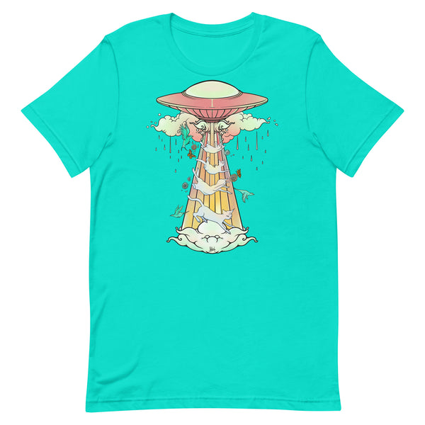 T-shirt featuring original UFO artwork beaming up cats, eco-friendly, unisex, lightweight, and comfortable.