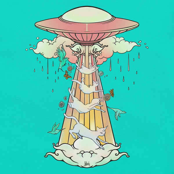 UFO graphic tee design featuring cats being beamed up with a colorful background and whimsical clouds