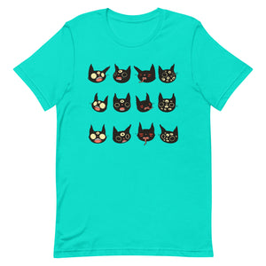Unisex t-shirt featuring original illustration of creepy cute black cat faces on a turquoise background.