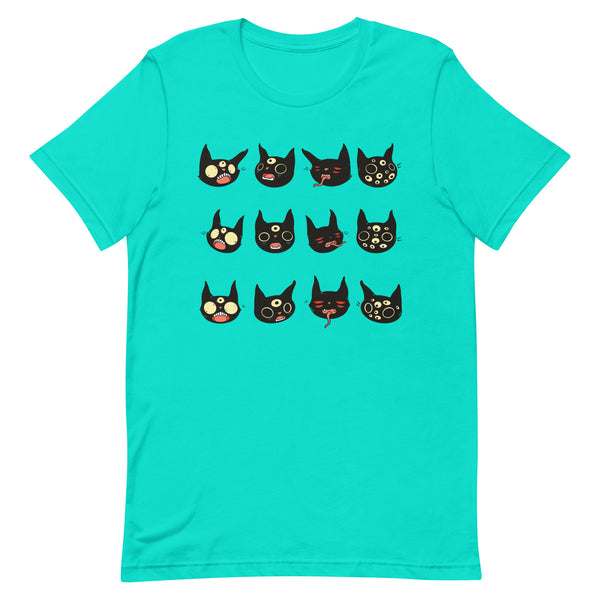 Unisex t-shirt featuring original illustration of creepy cute black cat faces on a turquoise background.