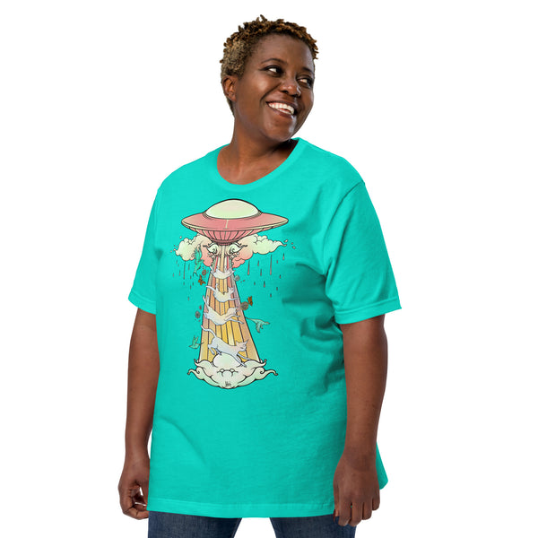 Unisex turquoise T-shirt featuring a whimsical UFO design beaming up cats, made from soft eco-friendly cotton.