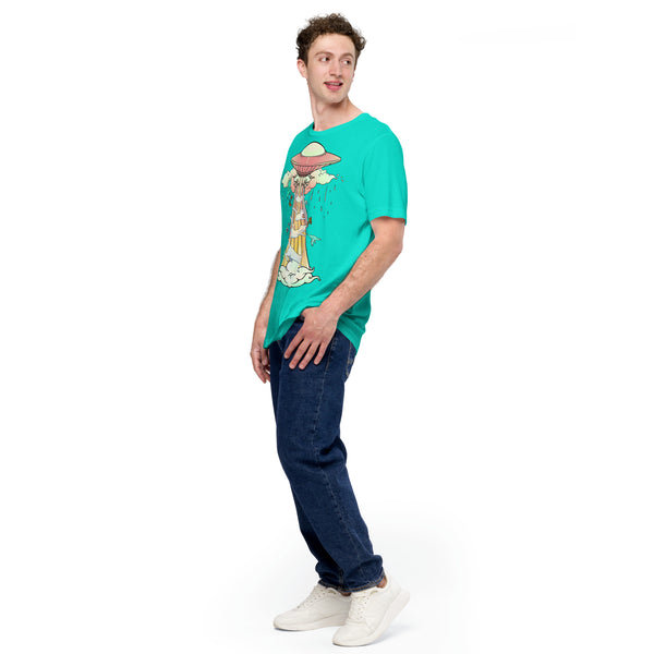Unisex t-shirt featuring original UFO and cats artwork, modeled by a man in a bright turquoise color.