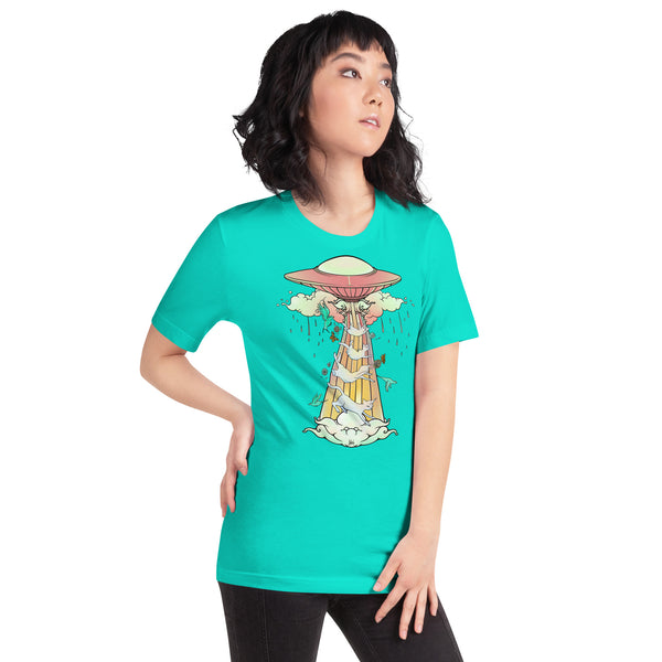 Unisex teal T-shirt featuring original artwork of a UFO beaming up cats, soft and eco-friendly.