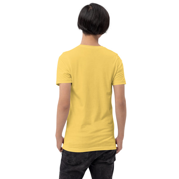 The Curse Has Been Undone, Unisex T-Shirt in soft yellow cotton, showcasing the back design on a model.
