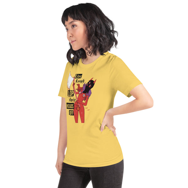 Live Laugh Lop, Unisex T-Shirt featuring original Pyra illustration in punk rock style on a yellow tee.
