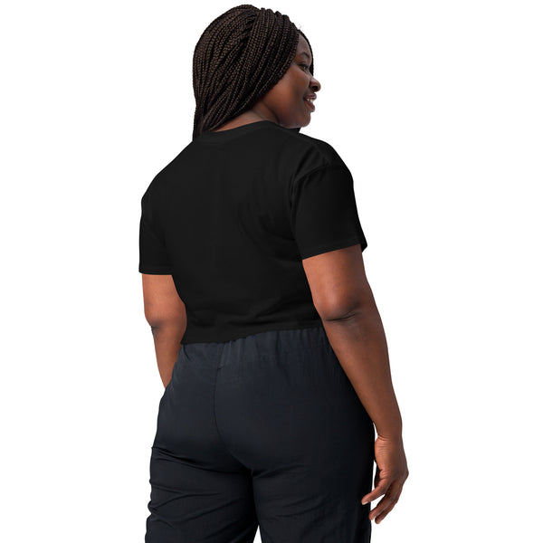 No Good Times, Relaxed Crop Top - Back view of a person wearing a black cropped tee with a relaxed fit.