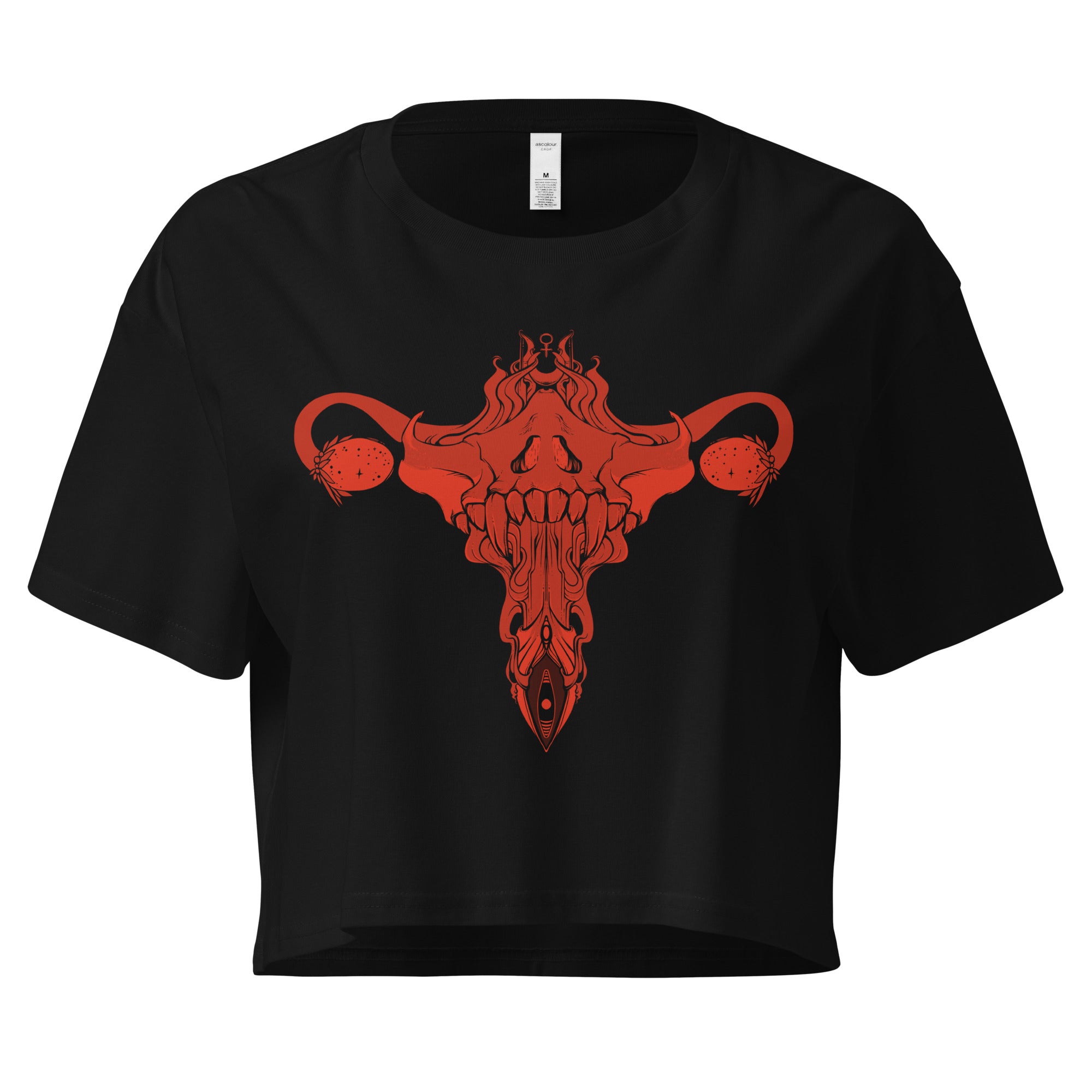 Black crop top featuring original hand-drawn death metal uterus art, perfect for alt or witchy fashion styles.