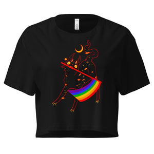 Pride Flag Cat illustration on a black relaxed crop top, perfect for a witchy or alt aesthetic.