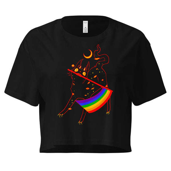 Pride Flag Cat illustration on a black relaxed crop top, perfect for a witchy or alt aesthetic.