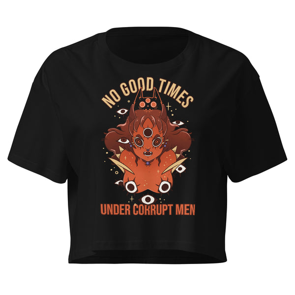 No Good Times, Relaxed Crop Top featuring original hand drawn illustration of Pyra The Witch & Soot The Cat.
