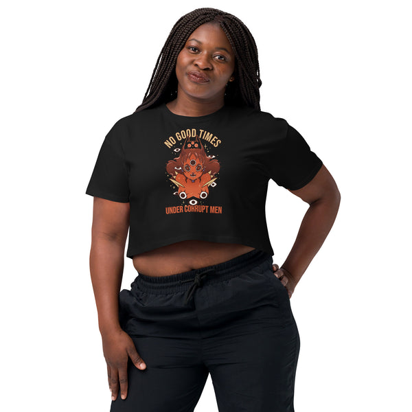 No Good Times, Relaxed Crop Top featuring hand-drawn illustration of Pyra The Witch and Soot The Cat.