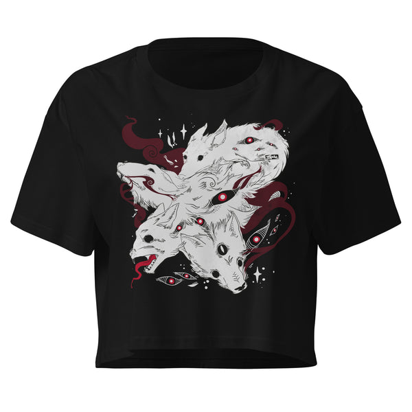 Many Wolves, Relaxed Crop Top featuring original illustration of wolves with many eyes on a black background.