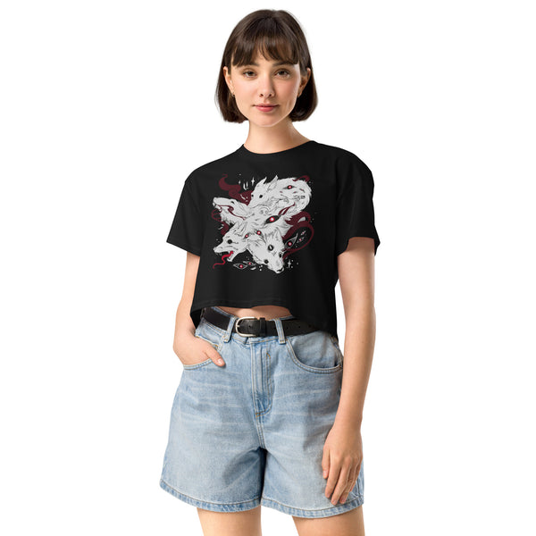 Many Wolves, Relaxed Crop Top featuring original illustration of wolves on a black background.