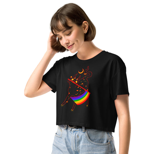 Creepy cute black cat with pride flag on relaxed crop top, perfect for witchy and alt aesthetics.