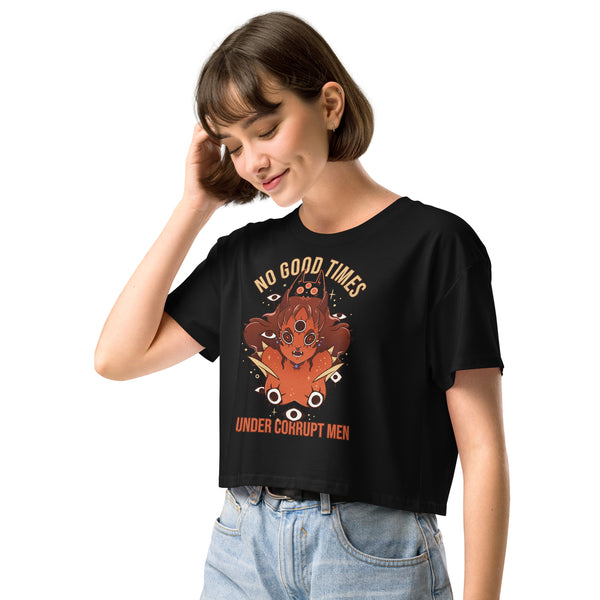 Person wearing the No Good Times, Relaxed Crop Top featuring a hand-drawn illustration of Pyra The Witch & Soot The Cat.