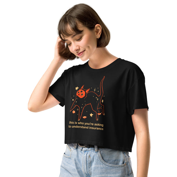 Woman wearing Orion Insurance, Relaxed Crop Top with original illustration of black cat and playful quote.