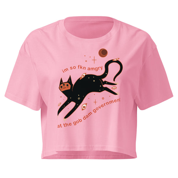 Amgry Orion, Relaxed Crop Top featuring a black cat illustration with text, "Im so fkn amgry at the gob dam government!"