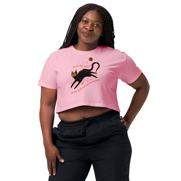 Amgry Orion, Relaxed Crop Top featuring a black cat illustration and meme text, perfect for casual wear.