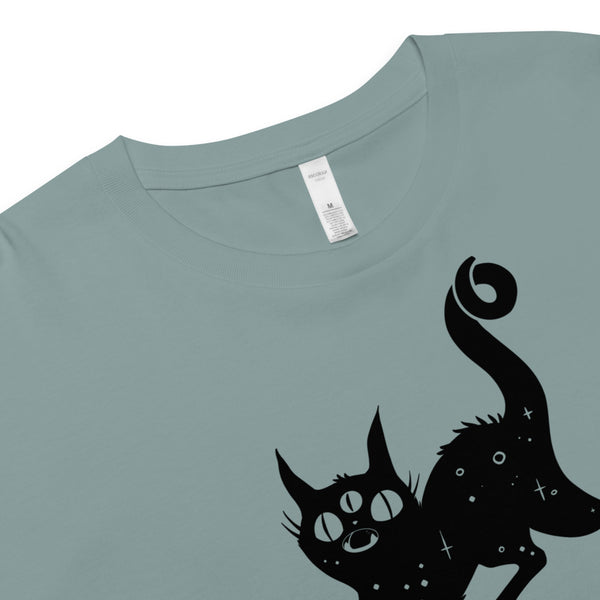 Black cat illustration on a soft, relaxed crop top, perfect for a cute or alt aesthetic style.