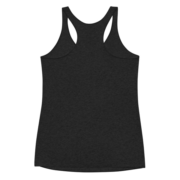 Luna Moth racerback tank top in black, featuring ultra-soft fabric and slim cut design, perfect for workouts and layering.