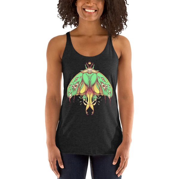 Woman wearing black racerback tank top with green luna moth artwork, featuring ultra-soft tri-blend fabric suitable for workouts.