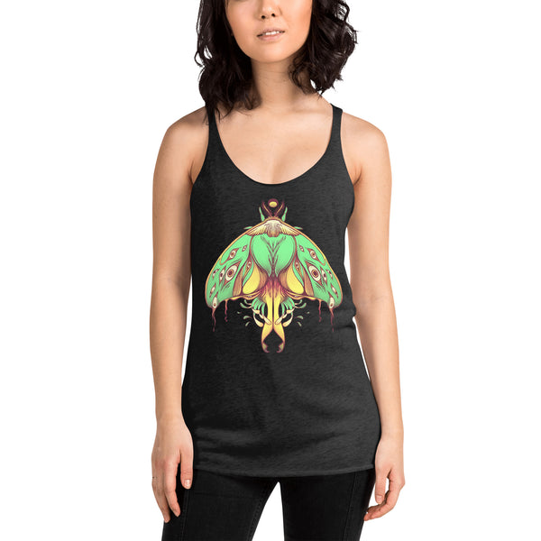Woman wearing black racerback tank top with green luna moth artwork, featuring ultra-soft tri-blend fabric, perfect for workouts.