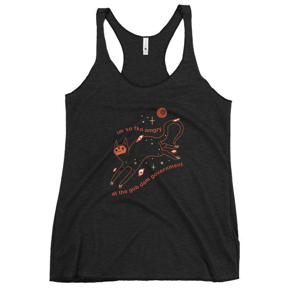 Amgry Orion, Racerback Tank Top featuring original illustration of a black cat with meme text.