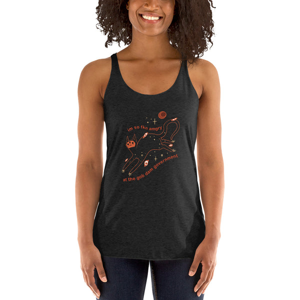 Amgry Orion, Racerback Tank Top featuring original illustration and meme style text on a soft black tank top.