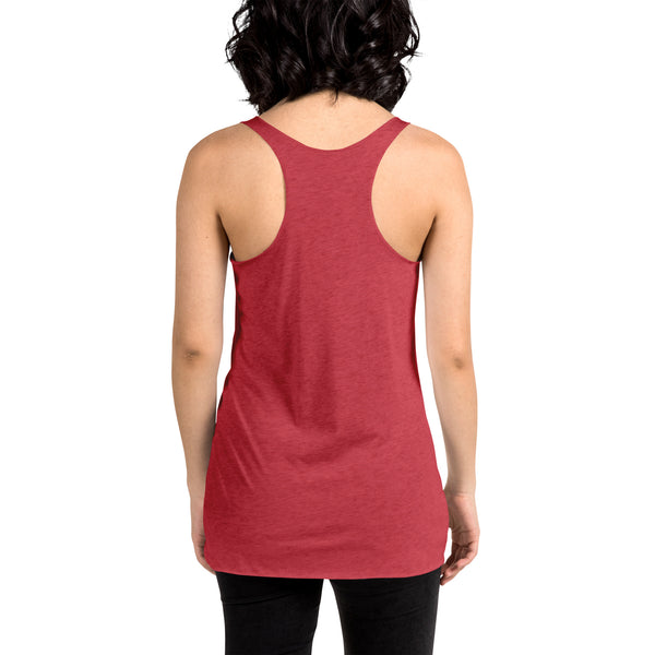 Back view of a red racerback tank top for women, showcasing its flattering fit and generous arm openings.