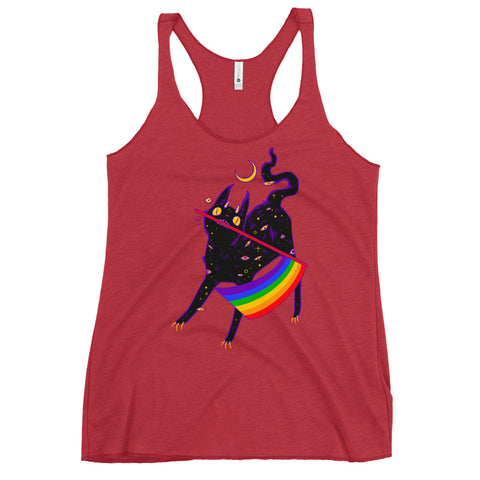 Pride flag cat racerback tank top featuring a cute black cat with a rainbow flag design on a red background.