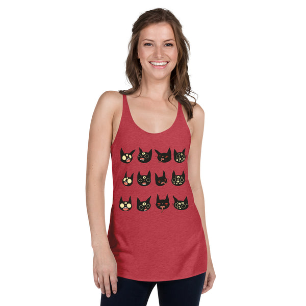 Ladies racerback tank top featuring unique cat face artwork, ultra-soft vintage style, perfect for workouts and layering.