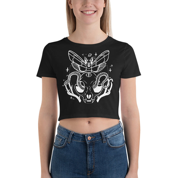 black crop top with cat skull moth snake and witch elements