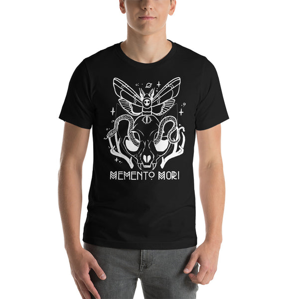 Black graphic t-shirt featuring Memento Mori artwork with cat skull, snake, and death's head moth design.