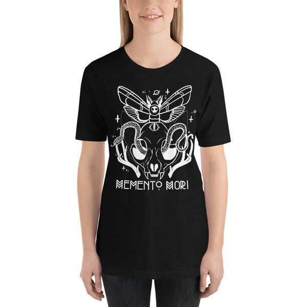 Black Memento Mori graphic t-shirt featuring cat skull, snake, and death head moth artwork, promoting living in the moment.