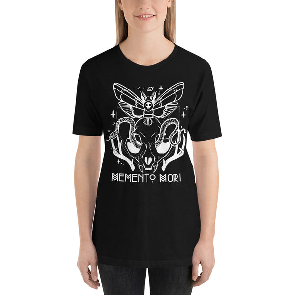 picture of a woman wearing the memento mori graphic tee