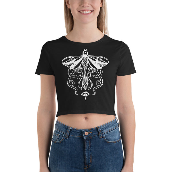 womens black crop top with luna moth and snakes
