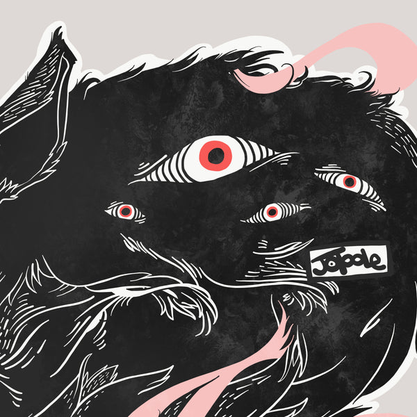 Matte art print of a wolf illustration with many eyes, featuring vibrant colors and unique design.
