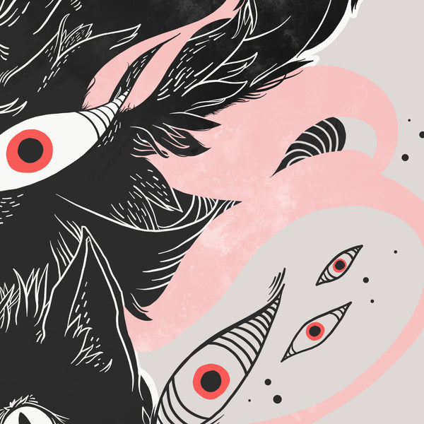 Original wolf illustration featuring striking eyes and dynamic lines, perfect for art lovers.