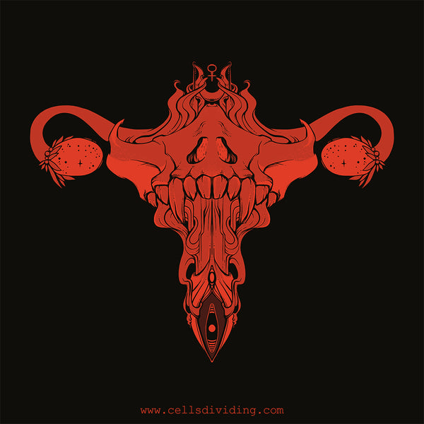Artistic illustration of a death metal uterus design, perfect for edgy workout apparel and featuring intricate details.